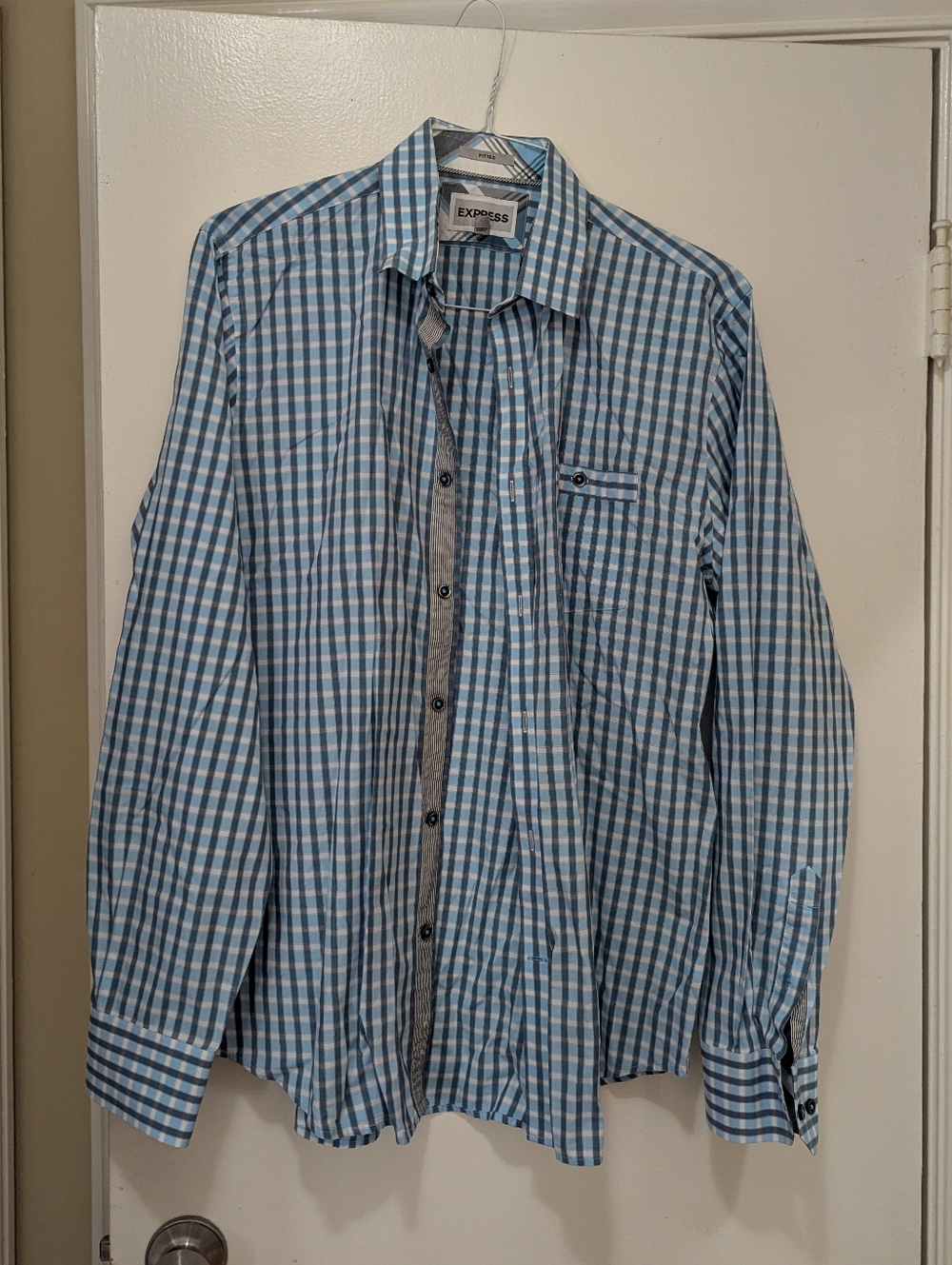 Express Light Blue and White Gingham Button-Down Shirt Large